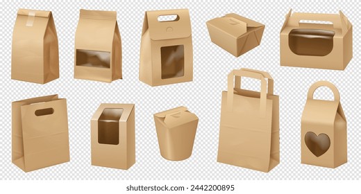 Paper bags and boxes for takeaway food realistic vector illustration set. Eco friendly packaging 3d objects on transparent background collection