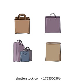 Paper bags for carrying goods and products, for purchases and deliveries. Vector illustration in sketch style and hand drawing. Set for your creativity on a white background.