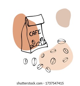 Paper bags with coffee beans. Hand drawn line art sketch. Black and white vector illustration on colourful blobs background.