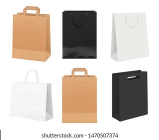 Paper bags empty. Identity packages from white and kraft paper shopping bags vector realistic template. Illustration of bag package for retail, pack made from cardboard