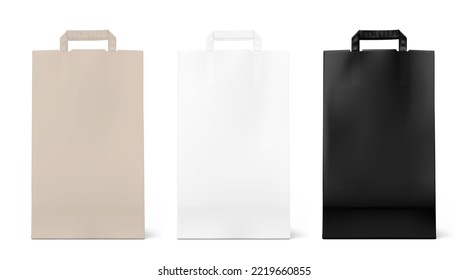 Paper bags with flat handles mockup set. Vector illustration isolated on white background. Ready for your design. Suite for the presentation of foods, fillers, grocery bag, etc. EPS10.	