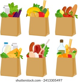 Paper bags with groceries. Different shopping bags with collection of different food products. Milk, bread, fruits, vegetables, meat and cheese. Vector illustration