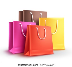 Paper bags group vector illustration. Empty shopping bags with assorted colors isolated in white for fashion and store market design elements.
