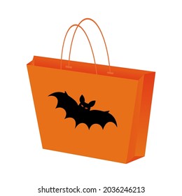 Paper bags for Halloween shopping. Orange packet with bat isolate, vector illustration