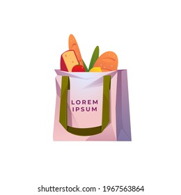 Paper bags with healthy food: vegetables, fruits, bread, edible greens, milk. Illustration in modern flat design style. Purchases from a supermarket in eco-friendly packing. Vector