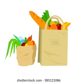 Paper bags with healthy food: vegetables, fruits, bread, edible greens, milk. Illustration in modern flat design style. Purchases from a supermarket in eco-friendly packing made from recycled paper.