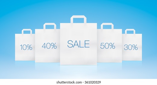 Paper bags on a blue background. Realistic vector illustration.