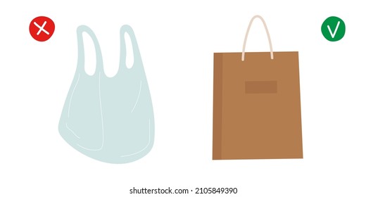 Bolsas de papel o bolsas de plástico ilustraciones planas vectoriales. Dos bolsas de compras. Elegir entre bolsas ambientales y dañinas. Bolsa de papel biodegradable y respetuosa con el medio ambiente contra plástico no degradable