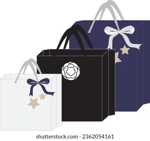 Paper bags, with ribbon and floral design, stock vector isolated paper shopping bag on the white background with star ornament illustration.Package for purchases for an online store.