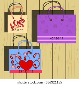 Paper bags set, different kind of design. Paper bags set, for valentine day`s of design