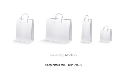 Paper bags, set, mocap. Shopping bags Isolated on white background. Large bag, medium bag, small bag, bag for bottle. Realistic vector illustration. 3D