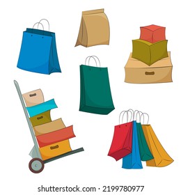 Paper bags and shopping cartons. The concept of environmentally friendly packaging and delivery of goods. Vector illustration.