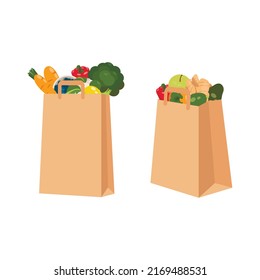 Paper bags with vegetables and food bags minimalist design. Brown kraft paper or cardboard bags with handles. Shopping conceptual trendy vector drawing