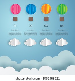 Paper balloon and clouds design on blue sky background. vector illustration