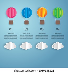 Paper balloon and clouds design on blue sky background. vector illustration