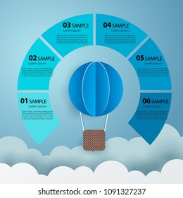 Paper balloon and clouds design on blue sky background template. vector illustration