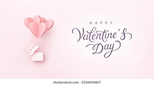 Paper balloons in shape of heart and present on pink background. Vector symbols of love with gift box for Happy Valentine's Day greeting card design