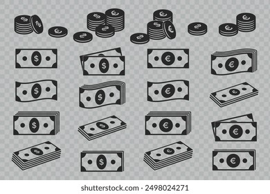 Paper banknote dollar and euro icons set. Money currency bills and cents. Vector design elements isolate.