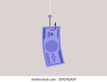 A paper banknote hanging on a hook, online scam, phishing activity