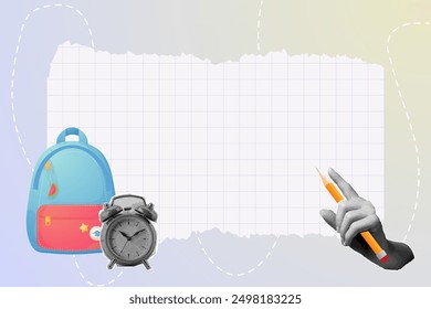 Paper banner with backpack and alarm clock school. Education retro halftone collage. 