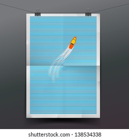 Paper banner with boat in the sea, vector Eps10 illustration.