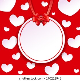 Paper banner, bow and ribbons on the red background with paper hearts