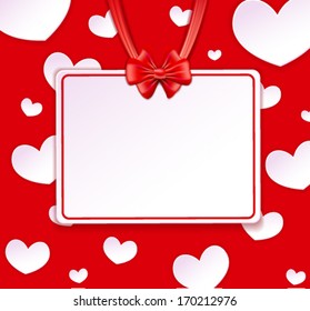 Paper banner, bow and ribbons on the red background with paper hearts