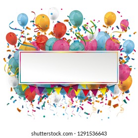 Paper banner with colored confetti and balloons on the white background. Eps 10 vector file.