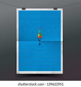 Paper banner with float, fishing line underwater, vector Eps10 illustration.