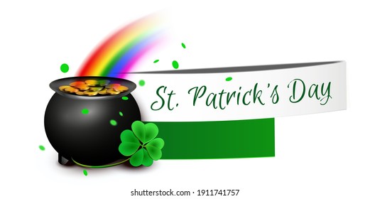 Paper banner with gold pot under the rainbow and shamrock - St. Patricks Day Banner