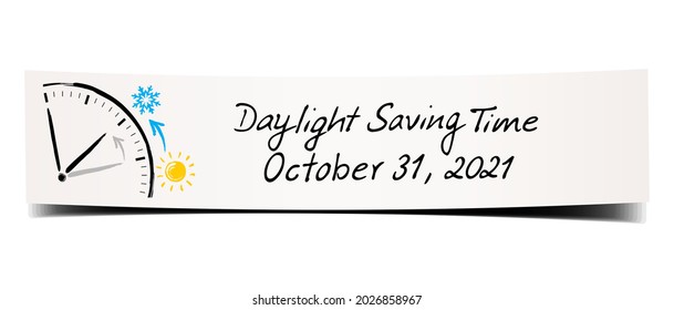 Paper banner with handwritten reminder for the european daylight saving time with explanatory handdrawn clock icon
