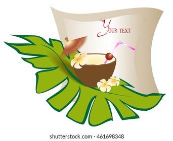 Paper banner for menu. Tropic coconut cocktail. EPS10 vector illustration