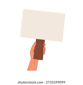 Paper banner, protest board on stick. Female hand holding blank horizontal signboard, raised up for rally, political demonstration, picket. Flat vector illustration isolated on white background
