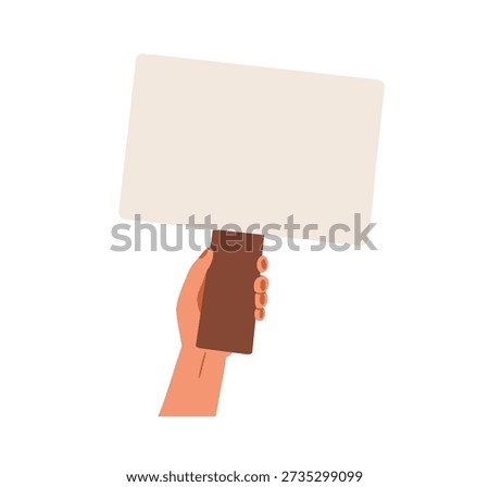 Paper banner, protest board on stick. Female hand holding blank horizontal signboard, raised up for rally, political demonstration, picket. Flat vector illustration isolated on white background