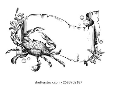 Paper banner scroll, in marine theme with underwater animals, crab, corals, starfish and bubbles. Graphic illustration hand drawn in black ink. Template, frame, board EPS vector