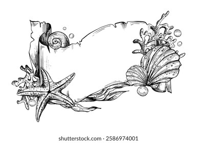 Paper banner scroll, in marine theme with underwater animals, shells, seaweed, corals, starfish and bubbles. Graphic illustration hand drawn in black ink. Template, frame, board EPS vector