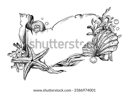 Paper banner scroll, in marine theme with underwater animals, shells, seaweed, corals, starfish and bubbles. Graphic illustration hand drawn in black ink. Template, frame, board EPS vector