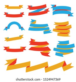 Paper banner set in yellow, red and cyan color. Fluid ribbon set