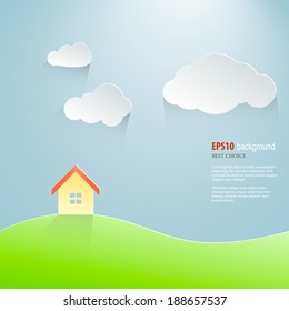 Paper banner with small cabin. Vector illustration.