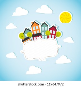 Paper Banner With Small Town. Vector Illustration.