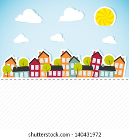 Paper Banner With Small Town. Vector Illustration.