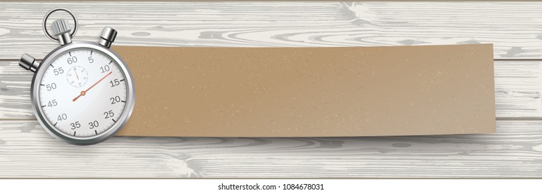 Paper banner with stopwatch and shadows on the wooden background. Eps 10 vector file.