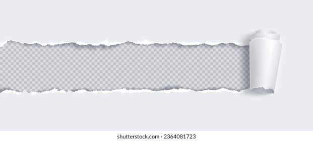 Paper banner with torn hole and rolled edge. Realistic vector illustration of ripped and folded strip or piece of notepad or cardboard page sheet with frame for text. Broken scrap with curled fragment