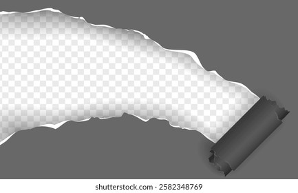 Paper banner with torn hole and rolled edge. Realistic vector illustration of ripped and folded strip or piece of notepad or cardboard page sheet with frame for text. Broken scrap with curled fragment