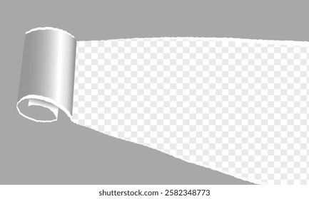 Paper banner with torn hole and rolled edge. Realistic vector illustration of ripped and folded strip or piece of notepad or cardboard page sheet with frame for text. Broken scrap with curled fragment