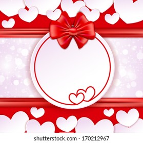 Paper banner with two hearts, bow and ribbons on the glowing background with paper hearts