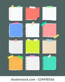 Paper banners for notes. Pieces of torn checkered and color paper sheets attached with sticky tape isolated vector illustrations set. Notebook, copybook pages used as stickers on adhesive tape