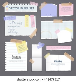 Paper banners with notes set attached with sticky colorful tape on grey background isolated realistic vector illustration