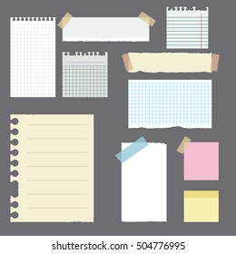 Paper banners with notes set attached with sticky colorful tape. Notebook torn paper objects on grey background. Vector illustration