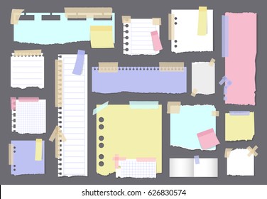 Paper banners with notes set attached with sticky colorful tape.Writing-book sheets and scraps of paper on grey background isolated realistic vector illustration